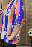 BQ15682 Navy/pink/orange stripe&sunflower multi color printed 3/4 sleeve women top w/V-neckline