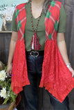 XCH15320 Red/green printed w/red lace irregular bottom with red lining women vest/cardigan