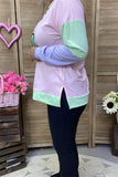 BQ15555 Mint/purple/pink solid color printed long sleeve women tops w/side splits FS4