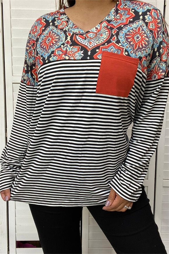 YMY10271 White/black striped/paisley multi color printed long sleeve top w front orange pocket(ES7)