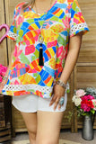 XCH15927 Multi color leaves printed short sleeve women tops w/white lace trim