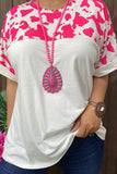 GJQ14070 Fuchsia leopard printed & white color block short sleeves women tops (ES12)