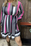 GJQ15313 Dots&multi color striped printed long sleeve w/elastic ruffle cuff w/side pockets women dress