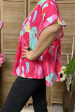 XCH15921 Fuchsia/mint multi color graphic printed drop-shoulder short sleeve baby doll women blouse