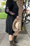 BQ15496 Long sleeve/ Multi color embroidery w/side pockets women black dresses