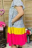 GJQ15845 Black dots printed short sleeve w/ruffle fuchsia&yellow solid color bottom women dress