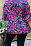 GJQ15596 Fuchsia/turquoise Floral printed double ruffle short sleeve women top