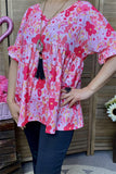 BQ14922 Fuchsia floral printed short sleeve w/ruffle baby doll women tops