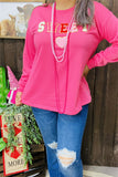 XCH15487 "SWEET"patch embroidery long sleeve pink women top