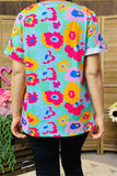 XCH15807 fuchsia/yellow Colorful floral printed short sleeve w/folded ruffle women tops