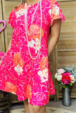 GJQ15841 Big floral multi color printed short sleeve w/ruffle women fuchsia dress w/side pockets
