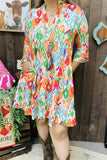 GJQ15087 Colorful Aztec printed 3/4 sleeve V-neckline women dress/side pockets