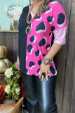 XCH14276 Half black/ pink leopard printed short sleeve drop shoulder women tops (ES1)