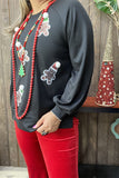 XCH15219 Santa Claus sequin patch in the black solid color long sleeve raglan design women blouse