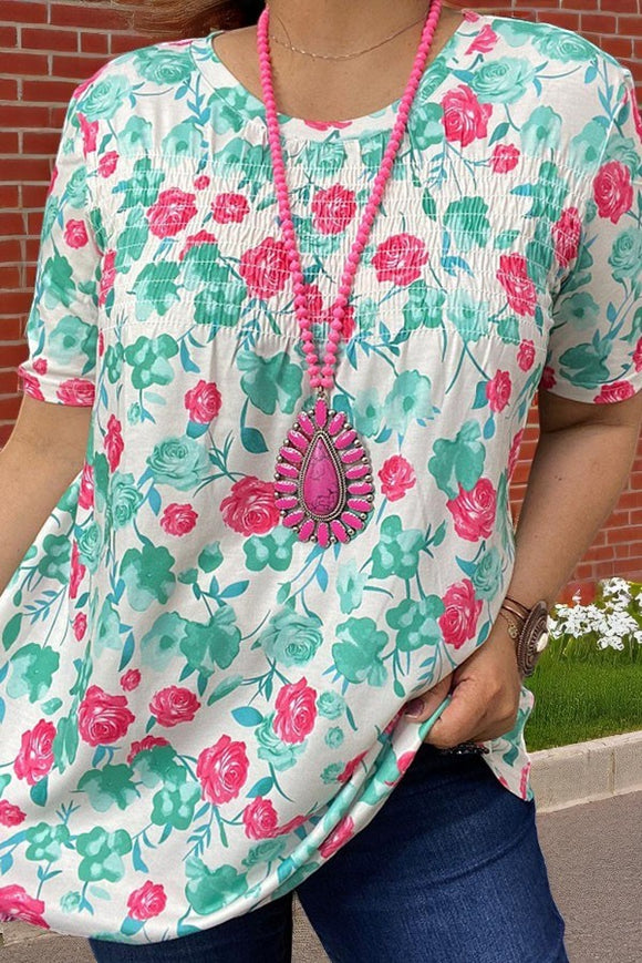 Shop  floral printed short sleeves tops w/elastic shirring women top GJQ14533 (ES3)