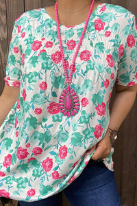 GJQ14533 Pink & Turquoise floral printed short sleeves women tops w/elastic bust (ES3)