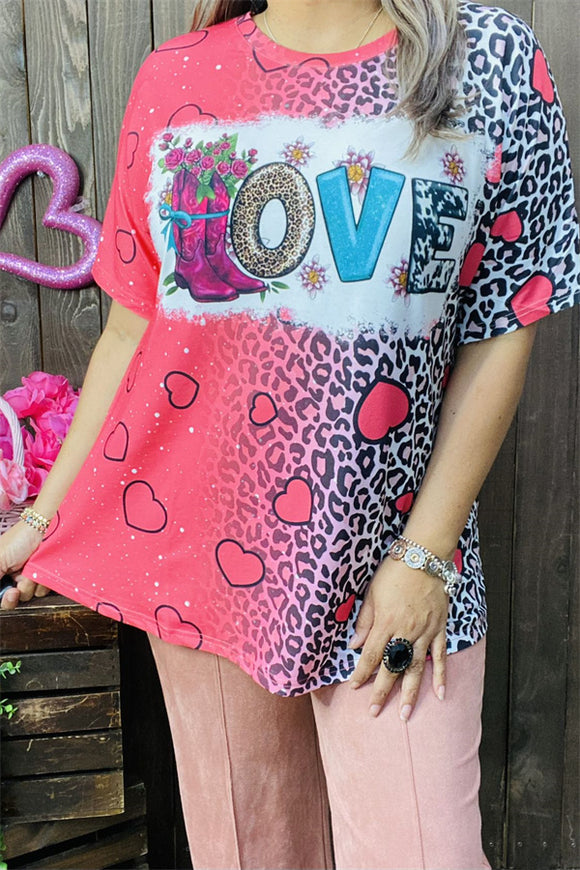 XCH14525 Boots & leopard LOVE hearts graphic multi color printed short sleeve women top