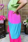 BQ14640-1 Green/pink/blue/fuchsia women long dress w/elastic upper short sleeve/ruffle w/side pockets