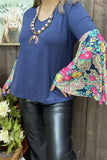 GJQ12917 Blue women blouse w/floral multi color printed bell long sleeves