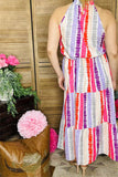 GJQ13495 Multi color striped printed sleeveless maxi dress w/side pockets&waist straps