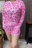 XCH15623 Fuchsia leopard printed long sleeve tops&short/string&side pockets 2pcs women sets