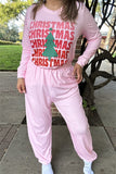 DLH15631 "CHRISTMAS"red words&tree printed long sleeve tops&pant women pink pajamas sets