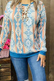 GJQ10223 Solid blue neckline/cuff/hem &Aztec multi color printed long sleeve women top(AS5)