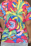GJQ15636 Teal/mint/orange multi color printed short sleeve women top w/V-neckline