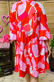 GJQ15824 Pink graphic multi color printed 3/4 sleeve w/ruffle women ruffle red dress