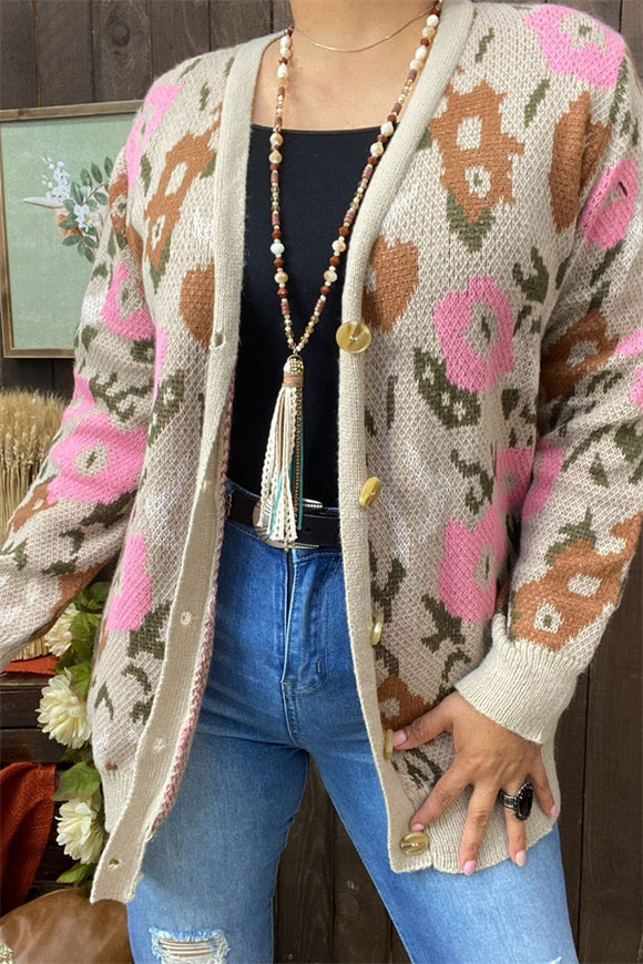 MY15297 Floral printed long sleeve/tighten cuff with buttons women sweater/cardigan with solid cuff