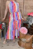 GJQ13495 Multi color striped printed sleeveless maxi dress w/side pockets&waist straps