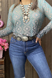 BQ15431 Gradual green color Aztec printed long sleeve tighten women tops