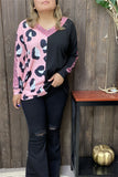 XCH14656 Half big leopard&block solid color black printed w/pink side sequin long sleeve women tops w/v-neckline