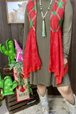 XCH15320 Red/green printed w/red lace irregular bottom with red lining women vest/cardigan