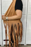 BQ13618 Tan suede long fringe tassel women vest/cardiganC6