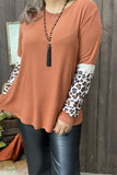 DLH15443 Brown women tops long sleeve/leopard printed&beige lace