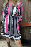 GJQ15313 Dots&multi color striped printed long sleeve w/elastic ruffle cuff w/side pockets women dress