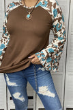 GJQ13708 Turquoise&brown printed bell/ruffle long sleeve brown body raglan women tops (FS3)