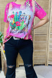 XCH12443 "DESERT VIBES" cactus multi color printed short sleeve pink women top