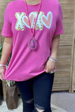 DLH10438 "XX" leopard & heart printed short sleeve pink women tops