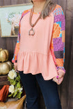 XCH15485 Floral multi color printed long sleeve pink solid color for body w/ruffle bottom women top raglan design