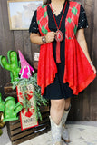 XCH15320 Red/green printed w/red lace irregular bottom with red lining women vest/cardigan