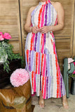 GJQ13495 Multi color striped printed sleeveless maxi dress w/side pockets&waist straps
