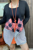 GJQ8722 Front plaid printed w/black&white striped black block solid color women cardigan (AS12)