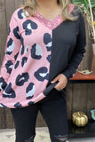 XCH14656 Half big leopard&block solid color black printed w/pink side sequin long sleeve women tops w/v-neckline