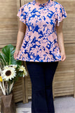 XCH15808 Teal/pink color printed ruffle short sleeve women tops w/ruffle round neckline