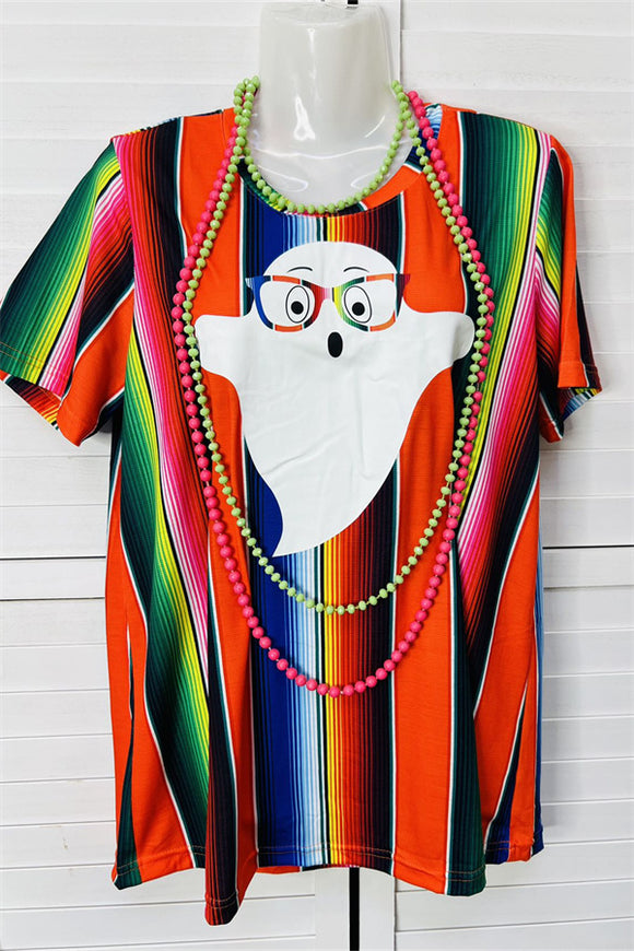 DLH10144 Serape cute ghost w/glasses printed short sleeve top for halloween IS5