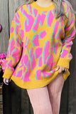 MY13394 Pink/yellow/teal leopard knitted long sleeve women sweater