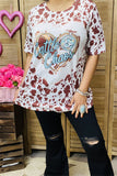 DLH12594 "Cattle & Chaos" Heart & brown leopard printed short sleeve women top