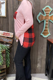 BQ8142 Pink long sleeve w/plaid printed back women tops w/front pocket (ES2)